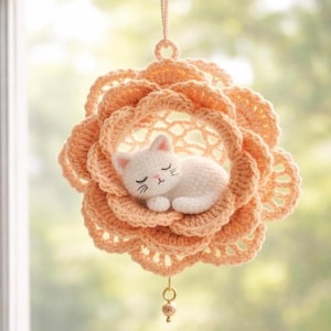 May include: A handcrafted, peach-colored crochet flower with a sleeping white cat figurine in the center. The flower has multiple layers and a delicate, openwork design. A small, decorative charm hangs below.