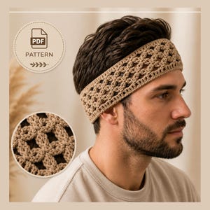 May include: A tan crochet headband featuring an intricate openwork lattice pattern. The image includes a circular badge with the text PDF PATTERN and a small leaf icon, along with a circular inset showing a close-up of the textured yarn stitch.