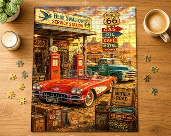 Vintage Route 66 Service Station Jigsaw Puzzle, 300/500/1000pcs Puzzle, Retro Road Trip Decor, Classic Americana Artwork, Gift for Him