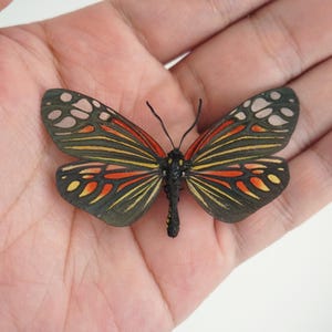 Puede incluir: Una figura de mariposa con alas negras que presentan intrincados patrones de venas naranjas y amarillas, puntas de alas blancas translúcidas y un cuerpo negro texturizado con dos antenas delgadas, mostrada en la palma de una mano.