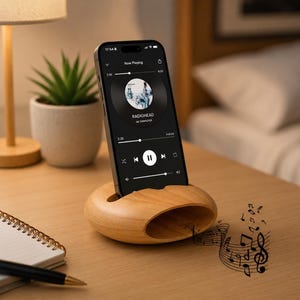 Puede incluir: Un soporte de teléfono de madera con un teléfono inteligente que muestra una interfaz de reproductor de música. El teléfono está inclinado, mostrando la carátula del álbum y los detalles de la canción. Una pequeña planta y una lámpara están en el fondo. Notas musicales dibujadas en la mesa.