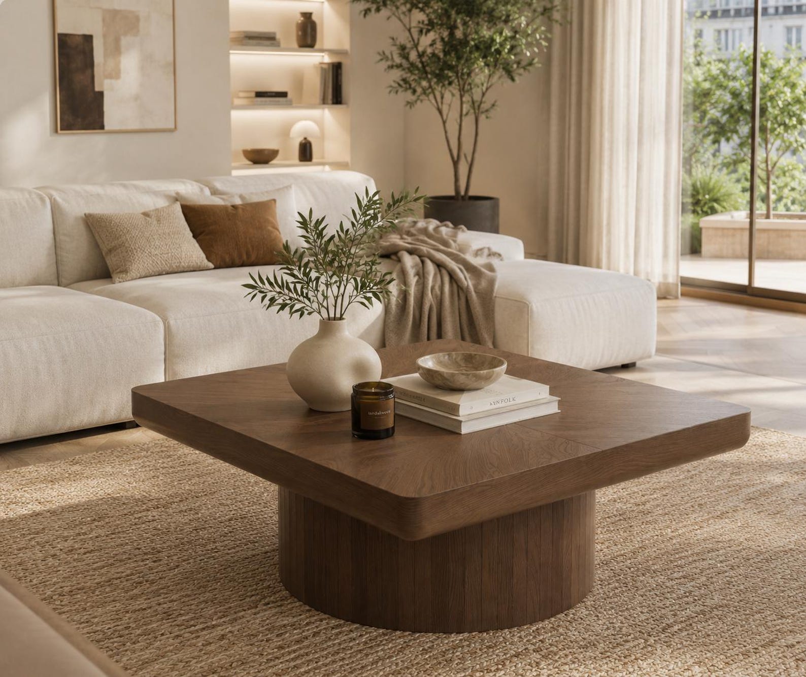 Japandi coffee table square top cylindrical pedestal base walnut finish low profile minimalist living room