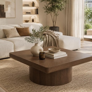 Modern Wood Coffee Table, Square Coffee Table, Rustic Living Room Table, Low Profile Center Table, Walnut Coffee Table