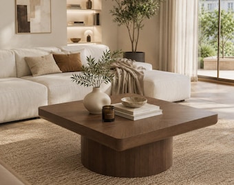 Mesa de centro moderna de madera, mesa de centro cuadrada, mesa rústica para sala de estar, mesa de centro de perfil bajo, mesa de centro de nogal