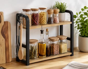 2 Tier Kitchen Counter Organizer, Spice Rack Organizer for Countertop, Wooden Storage Shelf, Kitchen Storage Rack, Coffee Station Organizer