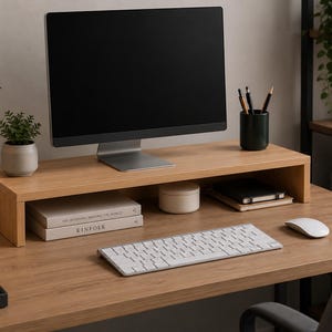 Wooden Monitor Stand, Desk Shelf Riser, Computer Screen Stand, Office Desk Organizer, Minimalist Workspace Storage, Home Office Decor