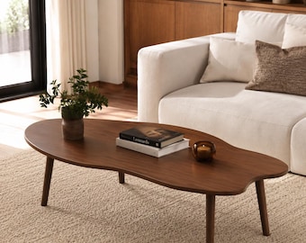 Mesa de centro moderna orgánica, mesa de salón de madera de nogal, mesa de centro irregular de mediados de siglo, muebles minimalistas, mesa de centro baja