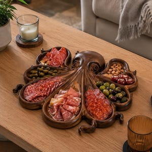 Könnte beinhalten: Ein braunes, holzgeschnitztes Serviertablett in Form eines Oktopus, gefüllt mit verschiedenen Vorspeisen wie Salami, Oliven und Nüssen. Das Tablett steht auf einem Holztisch. Eine Kerze im Glas und eine kleine Pflanze sind ebenfalls zu sehen.