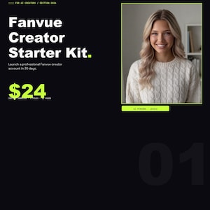 Puede incluir: Gráfico promocional del Kit de inicio para creadores de Fanvue, con una mujer sonriente con un suéter blanco. El texto incluye "Fanvue Creator Starter Kit" y "Lanza una cuenta de creador Fanvue profesional en 30 días."