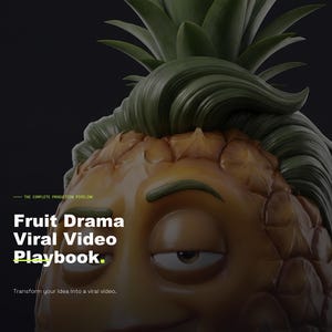 May include: A digital graphic featuring a smiling pineapple character with green leafy hair. The text "Fruit Drama Viral Video Playbook" is displayed in white, with the tagline "Transform your idea into a viral video." The background is dark.