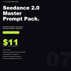 May include: A black graphic with the text "Seedance 2.0 Master Prompt Pack." The image includes the text "62 crafted, ready-to-use prompts with exact settings + sequences." and the price "$11". The image also includes the text "62 PROMPTS - 5 CATEGORIES."