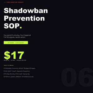 May include: A dark background with white text that reads "Shadowban Prevention SOP." and "$17." The image also includes the text "30 TRIGGERS - 14-DAY RECOVERY" and a list of downloadable items. The overall theme is related to online content and digital marketing.