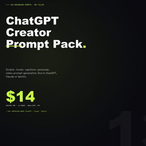 Op de afbeelding: Een donkergroene afbeelding met de tekst "ChatGPT Creator Prompt Pack." Het pakket bevat scripts, hooks, bijschriften en persona's voor het genereren van videoprompts. De prijs is €14.