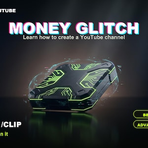 May include: A black rectangular device with glowing green circuit board patterns on its surface. Text reads: FACELESS YOUTUBE, MONEY GLITCH, Learn how to create a YouTube channel, $0.40 /CLIP, ~ $12 / month to run it, BEGINNER - NO-CODE, ADVANCED - AUTOMATION, ForgeClip.