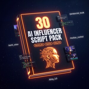 May include: A digital book with an orange glowing outline, titled "30 AI Influencer Script Pack". The cover displays the number 30 in orange, the title in white, and a graphic of a woman's face with circuit board patterns. The book also includes the text "ElevenLabs", "HeyGen", and "Kling 3.0".