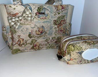 Large Handmade Quilted Winnie the Pooh Diaper Bag & Wipe Pouch