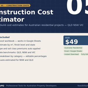 Puede incluir: Un estimador digital de costes de construcción para proyectos residenciales australianos en QLD, NSW y VIC. El documento incluye un libro de Excel de 5 pestañas compatible con Google Sheets, con puntos de referencia de tarifas de 2026 y estimaciones.
