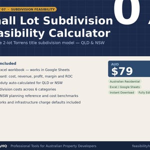 Könnte beinhalten: Ein digitaler Machbarkeitsrechner für Grundstücksteilungen in QLD und NSW. Das Dokument enthält eine Excel-Arbeitsmappe mit 5 Registerkarten, die mit Google Sheets kompatibel ist, sowie ein Dashboard für Kosten, Erträge, Gewinn und Steuern.