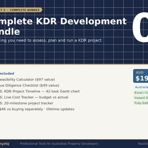 May include: A digital product graphic titled Complete KDR Development Bundle, featuring a dark blue grid background and white text. It lists included tools like a feasibility calculator, due diligence checklist, project timeline, and cost tracker.