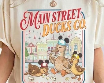 Camiseta de Main Street Ducks Co., camiseta retro de parques temáticos Disney, camiseta divertida con orejas de pato, camiseta a juego para vacaciones familiares, ropa con estampado de snacks.