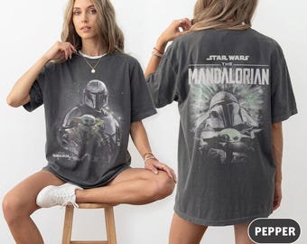 2-Sided The Mandalorian Shirt, Vintage Star Wars Graphic Tee, Retro Grogu Shirt, Comfort Colors Oversized T-Shirt, Sci-Fi Fan Apparel Gift