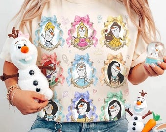 Olaf Disney Princess T-shirt, Funny Frozen Shirt, Magical Character Tee, Retro Princess Collage Sweatshirt, Family Trip Disney Apparel