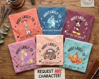 Most Likely To Disney Matching Family T-shirt, Retro Cartoon Vacation Trip Tee, Personalized Character Group Shirt for Disney World Trip
