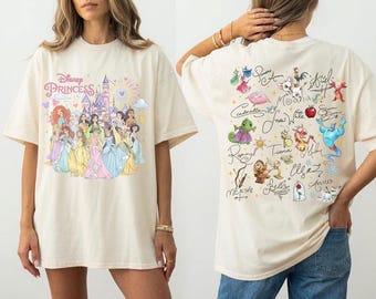 2-Sided Disney Princess T-Shirt, Retro Disney Character Autograph Shirt, Magical Theme Park Trip Tee, Matching Family Disney Vacation Shirt