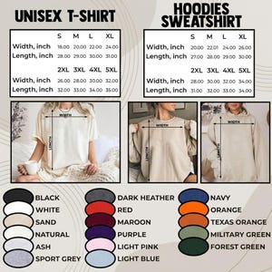 May include: Image displaying a unisex t-shirt and hoodie sweatshirt with size and colour options. The t-shirt sizes range from S to 5XL, with width measurements from 45.7 to 81.3 cm and lengths from 71.1 to 88.9 cm. The hoodie sizes are similar. Colour options include black, white, and navy.