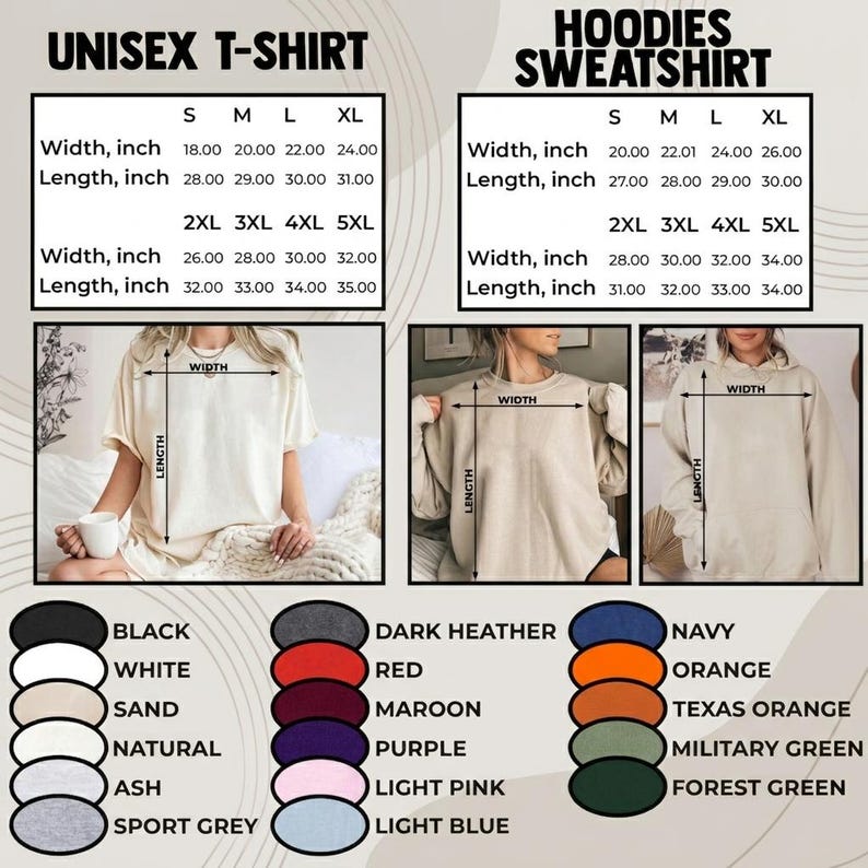May include: Image displaying a unisex t-shirt and hoodie sweatshirt with size and colour options. The t-shirt sizes range from S to 5XL, with width measurements from 45.7 to 81.3 cm and lengths from 71.1 to 88.9 cm. The hoodie sizes are similar. Colour options include black, white, and navy.