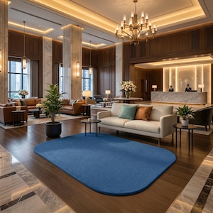 May include: A large, solid blue oval rug with rounded corners placed on a dark wood floor in a hotel lobby. The lobby features cream-colored sofas with green and brown throw pillows, a marble reception desk, and a large chandelier overhead.