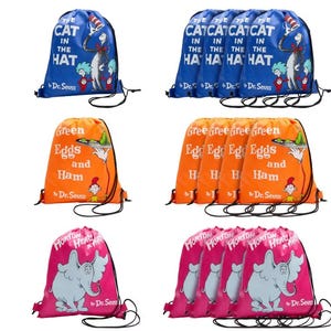 May include: Collection of drawstring bags featuring Dr. Seuss characters and quotes. The bags are in blue, orange, and pink, with illustrations of the Cat in the Hat, Green Eggs and Ham, and Horton Hears a Who. Each bag has a black drawstring closure.