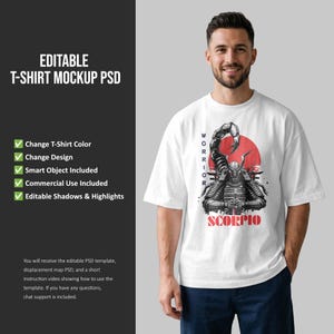 May include: White t-shirt mockup featuring a graphic of a scorpion warrior with the word "SCORPIO" in red. The design includes a red sun and the word "WARRIOR". The mockup includes options to change the t-shirt color and design.
