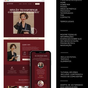 May include: A website design displayed on a laptop and a smartphone, featuring a burgundy and white color scheme. The website's homepage includes the text "MISS&Atilde;O: TRANSFORMAR CONFLITOS EM SOLU&Ccedil;&Otilde;ES!" and a section titled "SOBRE MIM". The smartphone shows testimonials.