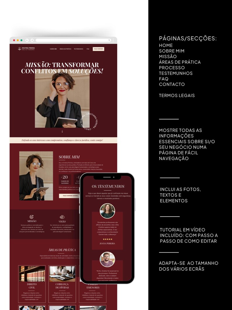 May include: A website design displayed on a laptop and a smartphone, featuring a burgundy and white color scheme. The website's homepage includes the text "MISS&Atilde;O: TRANSFORMAR CONFLITOS EM SOLU&Ccedil;&Otilde;ES!" and a section titled "SOBRE MIM". The smartphone shows testimonials.