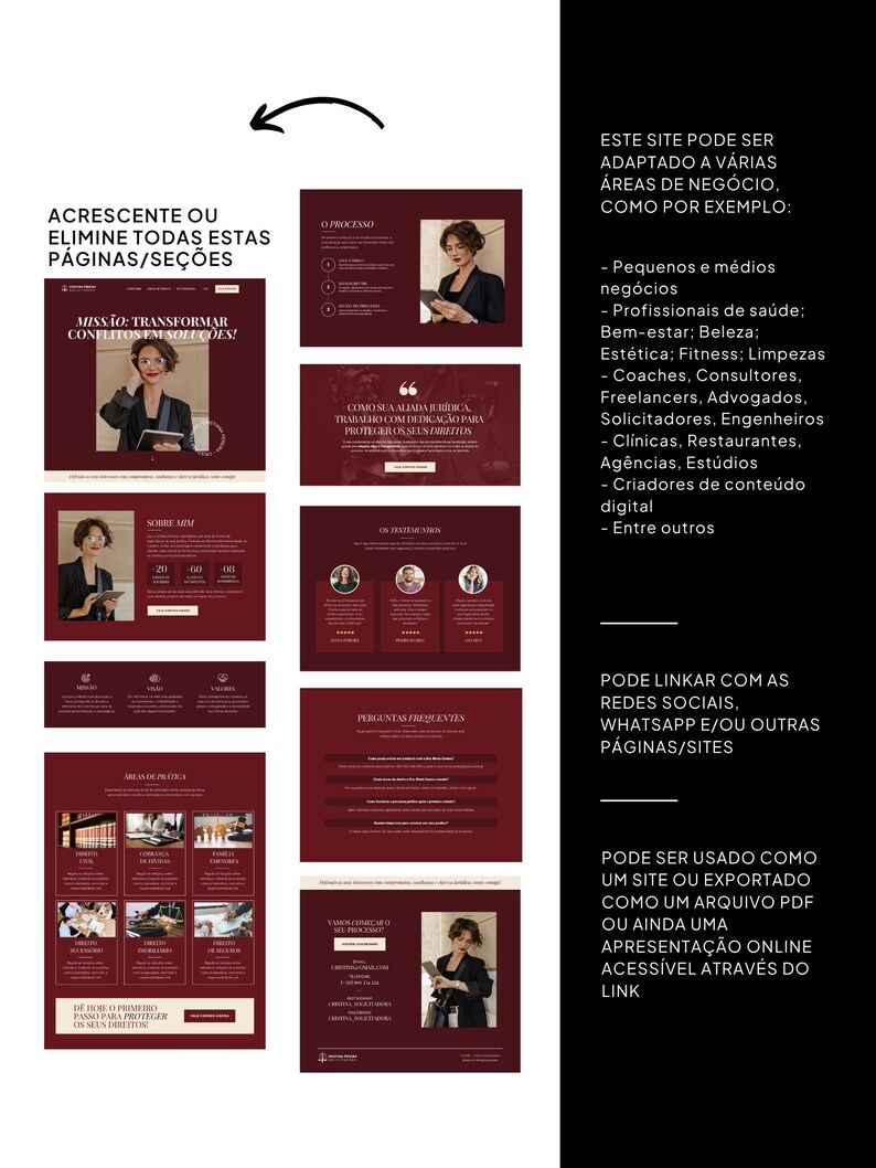 May include: A website template with a burgundy and cream color scheme. The design includes sections for a mission statement, process overview, testimonials, and frequently asked questions. Text includes "Transforming Conflicts into Solutions."