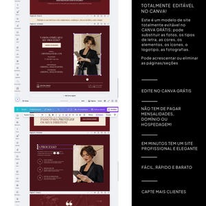 May include: A digital design template with a burgundy and white color scheme. The template includes text and images, with the words "VAMOS COME&Ccedil;AR O SEU PROCESSO" and "TOTALMENTE EDIT&Aacute;VEL NO CANVA!" visible. The design is for a website.
