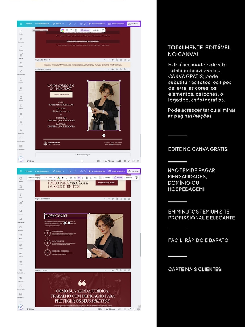 May include: A digital design template with a burgundy and white color scheme. The template includes text and images, with the words "VAMOS COME&Ccedil;AR O SEU PROCESSO" and "TOTALMENTE EDIT&Aacute;VEL NO CANVA!" visible. The design is for a website.