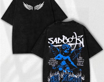 Camiseta vintage de ángel Cupido azul, camiseta lavada con alas de chico triste, camiseta extragrande de Cupido querubín gótico, ropa urbana con estampado de graffiti desteñido ácido