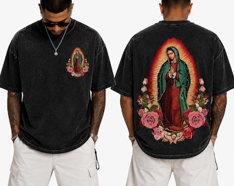 Vintage Our Lady Of Guadalupe Shirt, Retro Virgin Mary Black Acid Wash Tee, Mexican Catholic Rose Graphic, Aesthetic Chicano Tattoo Gift