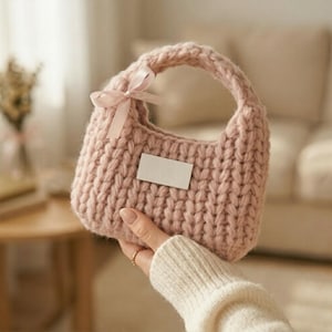 Peut inclure: Petit sac à main rose tricoté à la main, avec une anse arrondie et un nœud décoratif. Le sac comporte une étiquette blanche vierge et est tenu par une personne portant un pull blanc. La texture du sac est clairement visible.