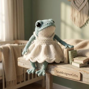 May include: A light blue crocheted frog plush toy wearing a white knitted dress with a scalloped hem. The frog has large black eyes and is positioned next to three small miniature books and a wooden plaque labeled SouldesignerGifts.