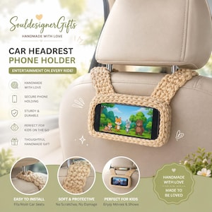 以下が含まれることがあります： 「CAR HEADREST PHONE HOLDER」の文字が入った、ベージュの手作りの車のヘッドレスト用電話ホルダー。柔らかい織り素材で作られており、漫画を表示する電話を保持するように設計されています。取り付けが簡単で、ほとんどの車のシートに適合します。