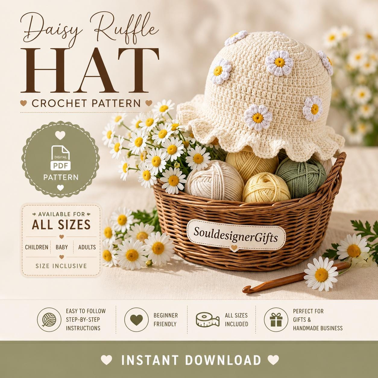 30 Ruffle Bucket Hat Crochet Patterns for Summer, Cottagecore, and Everyday Wear 23 Daisy Ruffle Floral Bucket Hat Crochet Pattern