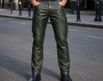 Groene noodleren cargobroek heren – handgemaakte streetwearbroek van lamsleer