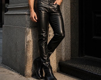Zwarte echte lamsleren motorbroek heren, slim fit leren motorbroek