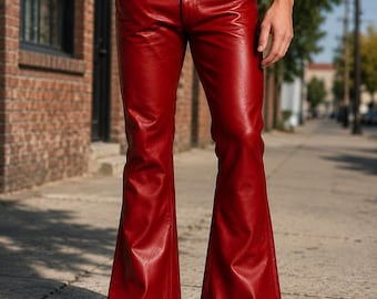 Men's Red Lambskin Leather Flare Pants, Streetwear Stylish Pants