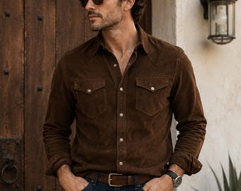 Donkerbruin suède truckerjack heren, western-cowboystijl