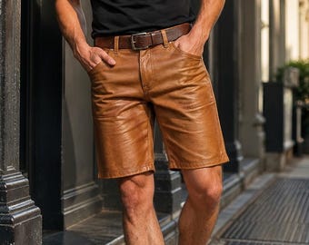 Bruine leren bikershort voor heren