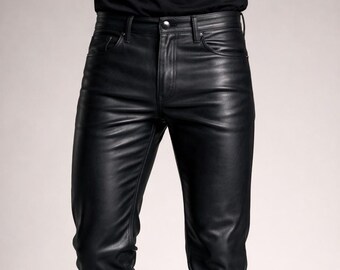 Men's Black Sheepskin Leather Biker Pants, Slim Fit Leather Motorcycle Pant
